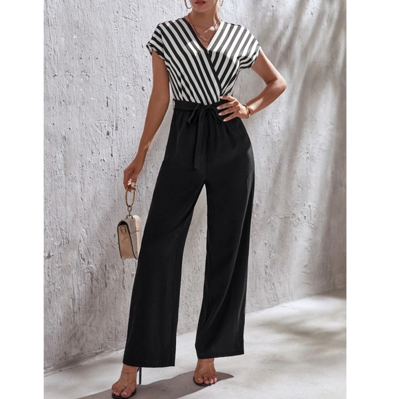 Striped Top V-Neck Surplice Short Sleeve White Black Wide Leg Jumpsuit - Picture 10 of 14